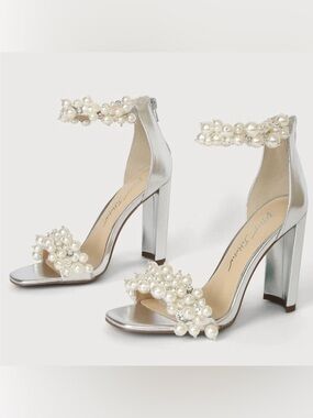 Betsey Johnson Silver Pearl-Embellished Block Heel Sandals
